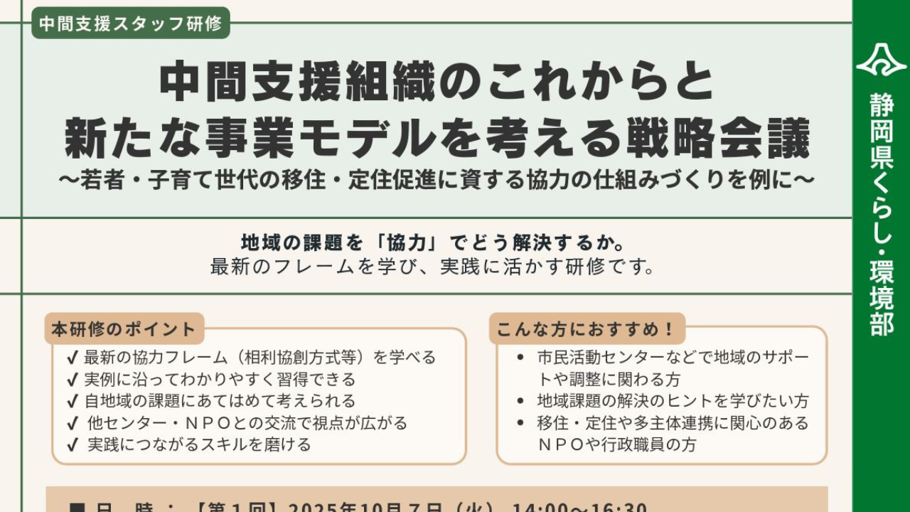 【リアル開催・無料】10/7(火)・12/9(火)14:00～16:30「中間支援組織のこれからと新たな事業モデルを考える戦略会議（中間支援スタッフ研修）」に松原が登壇します。